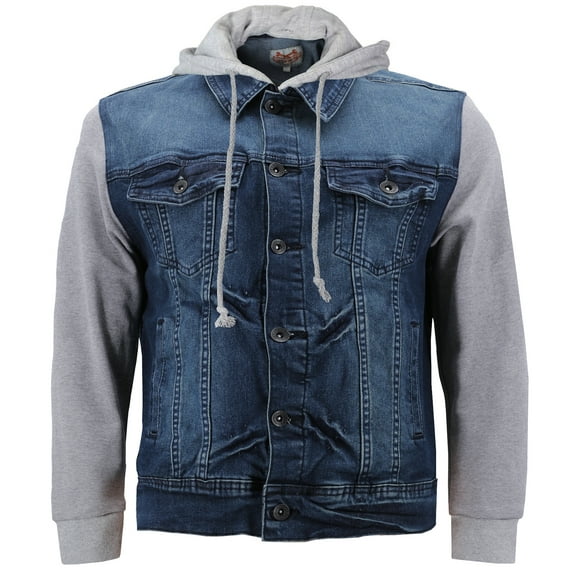 CS Men's Distressed Ripped Stretch Denim Jean Jacket with Removable Hood (Dark Blue, S)