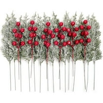 40 Pcs Artificial Christmas Snow Pine Branches with Red Berry Stems,Christmas Greenery Picks Fake Pine Needles,Greenery Pines Needles for Wreaths,Garlands,Craft DIY,and Xmas Decorations