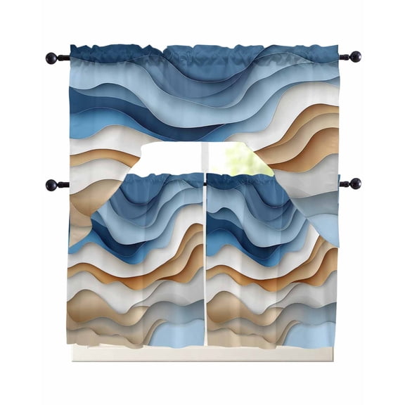 Blue Beige Moire Kitchen Curtains Swag Valance and Tier Curtains Set 36 Inch Length, Modern Abstract Art Rod Pocket Drape Panels Pair Swag Curtain for Bathroom/Cafe/Window