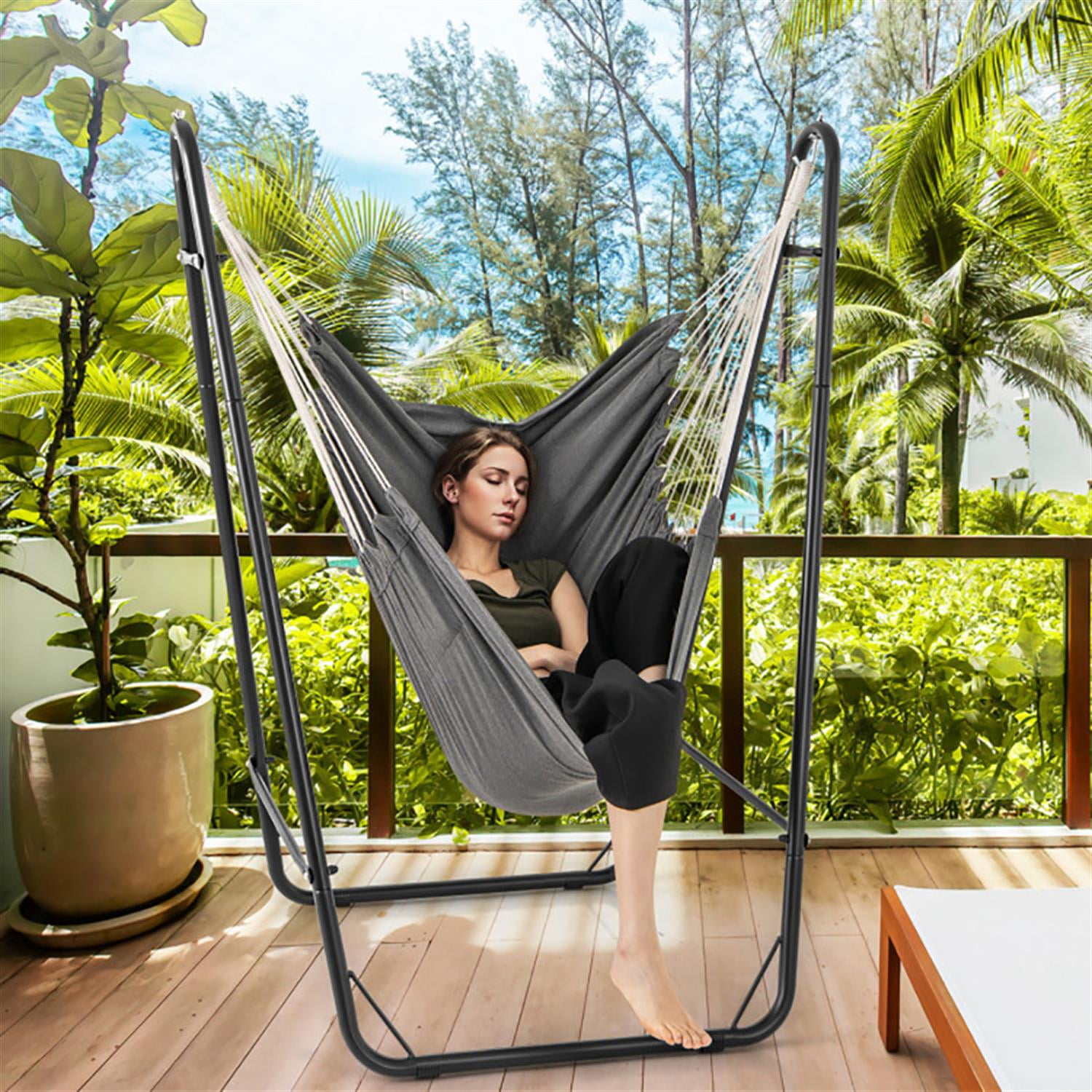 Demi Bonn Hammock Chair, Chaises with Heavy Duty Metal Frame and Side Pocket, Suitable for Home, Living Room and Bedroom, Gray