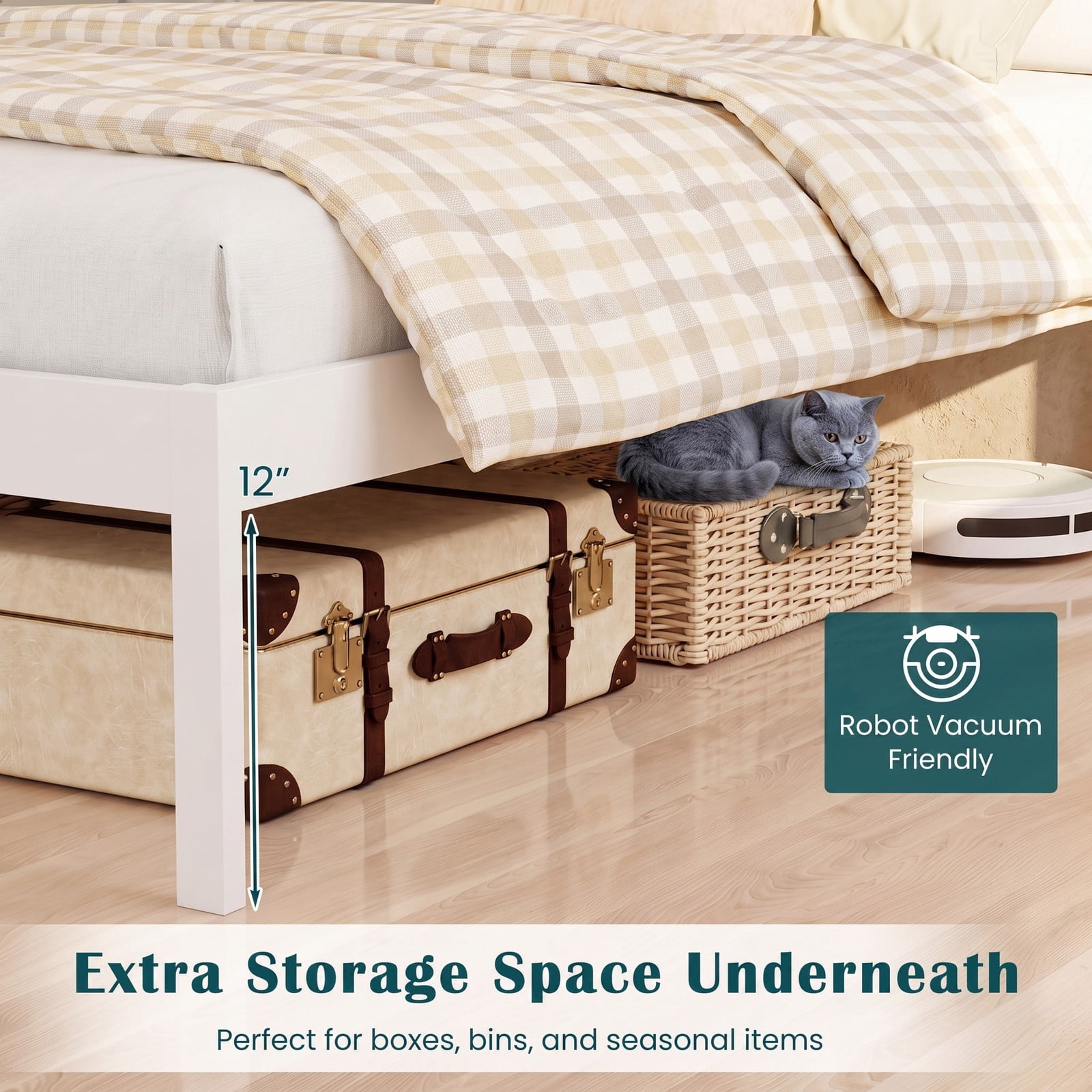 Furnibear Queen Size Farmhouse Wood Bed Frame Platform Bed with Paneled Headboard and Under Bed Storage for Bedroom Guest Room, White