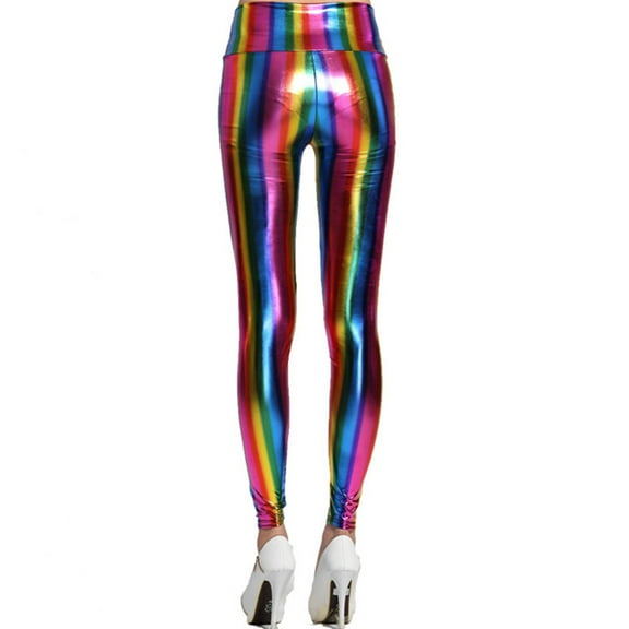 ZPAQI Womens Hologram Metallic Rainbow Leggings Glitter Neon Tights Stripes Printed Hi