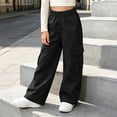 thumbnail image 2 of Xaqiouau Girls Cargo Pants Wide Leg Loose Fit Elastic Waist Casual Trousers with Side Pockets Kids Streetwear Full Length Pants School Daily Wear Black 12-13Years, 2 of 9
