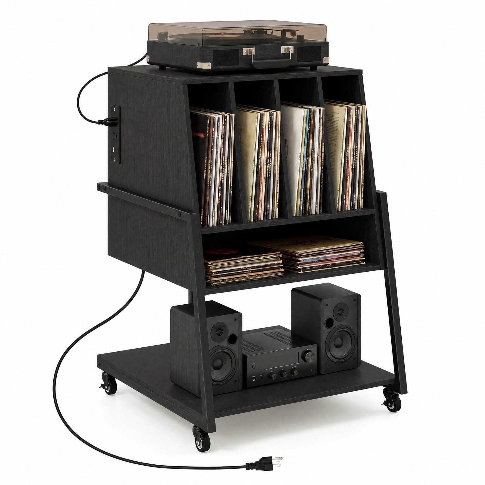 Furnibear Record Player Stand on Wheels Rolling Turntable Stand with Power Outlets USB Type-C Ports and Record Storage, Black