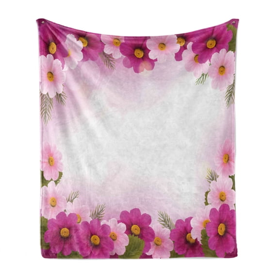 Pink Soft Flannel Fleece Throw Blanket, Framework with Romantic Daisies Valentine's Day Design Celebration Theme, Cozy Plush for Indoor and Outdoor Use, 60" x 80", Pink Pale Pink Green, by Ambesonne