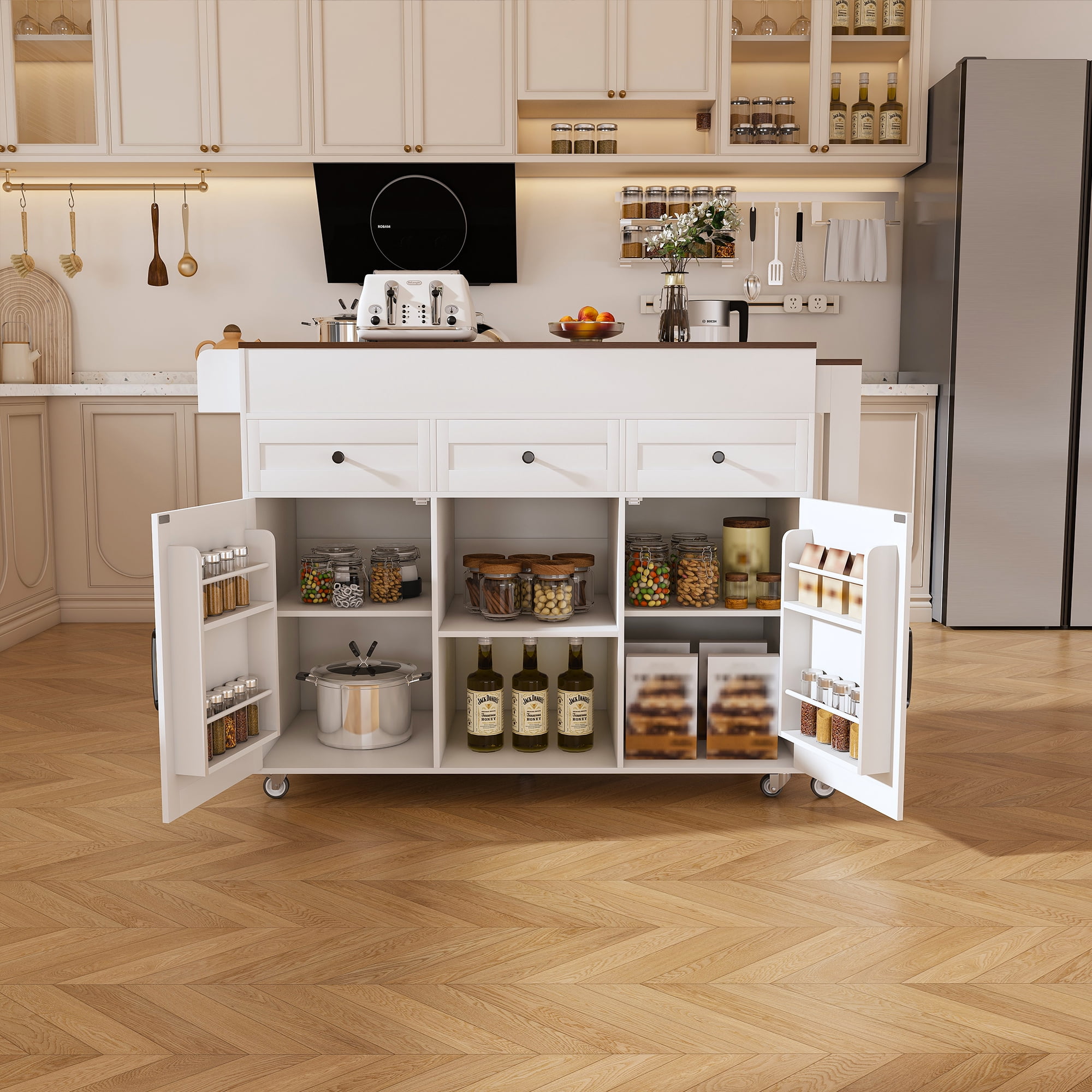 74.8" Kitchen Island with Extendable Dining Table & Power Outlet - Rolling Storage Cart on Wheels with 3 Drawers & 2 Door Cabinet for Dining Room, White