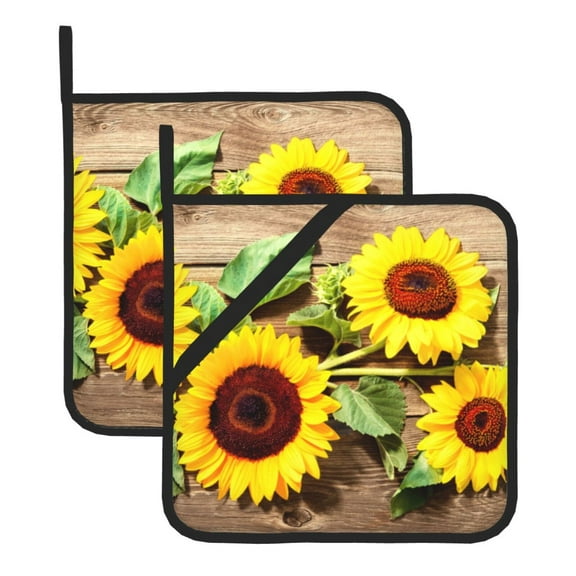 Kitchen Pot Holders Heat Resistant Oven Hot Pads With Hand Pockets And Hanging Loops For Baking Cooking 2 Pack 8'' X 8'' Sunflowers On Wooden Board
