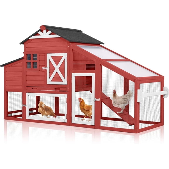 Aivituvin Chicken Coop with Wheels Wooden Outdoor Chicken House Easy Cleaning with Nesting Box, Deeper Leakproof Pull-Out Tray and UV Proof Panel Roof - Reinforced Version - Red