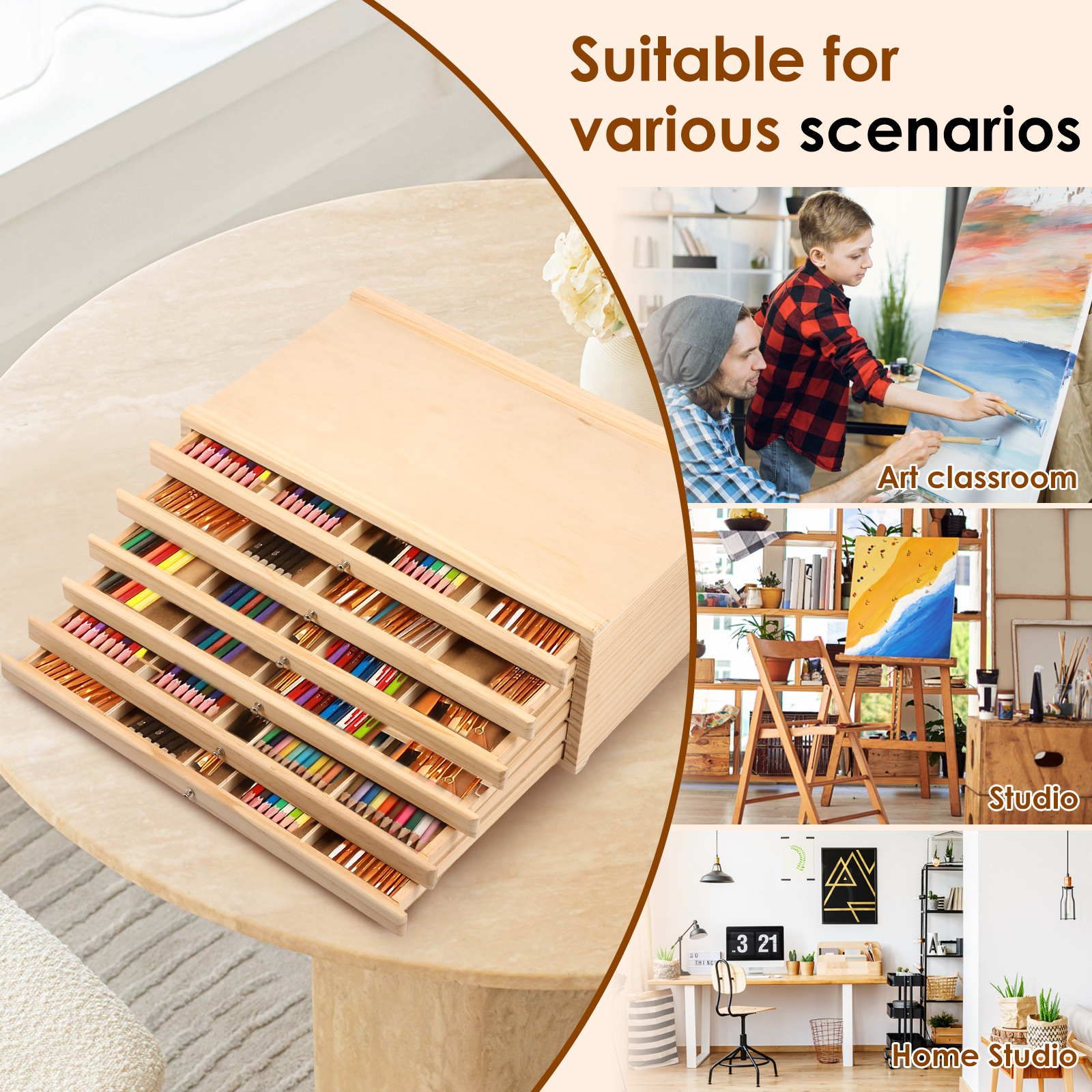 Threns 4/6 Drawer Wooden Artist Supply Storage Box Multifunction Wood Art Tool Paint Brush Organiser Box for Markers Pencils Pens