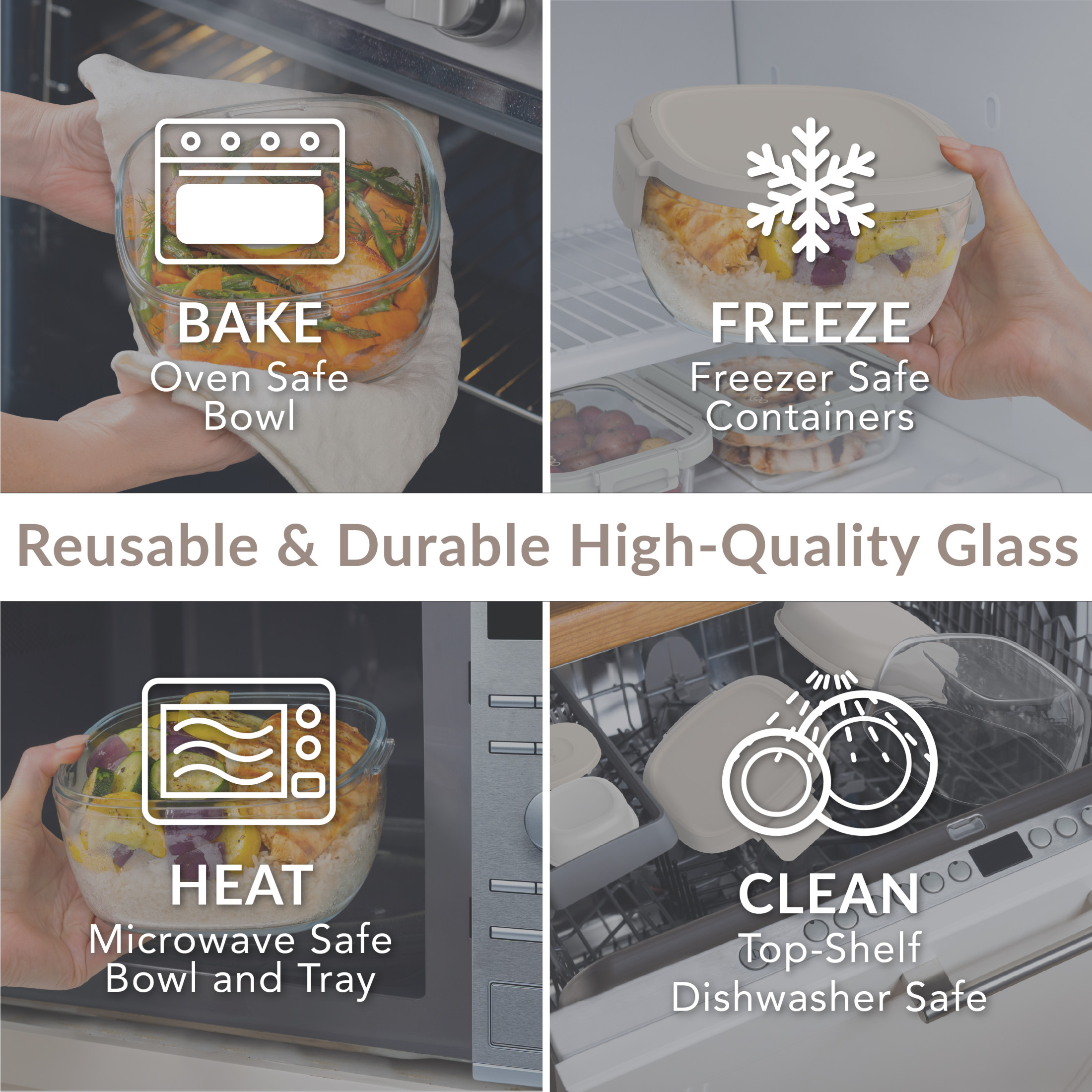 Bentgo® Glass All-in-One Salad Container - Large 61-oz Salad Bowl with Lid, 4-Compartment Bento-Style Tray, Sauce Container & Fork - Dishwasher, Microwave, and Oven Safe - White Stone Tan