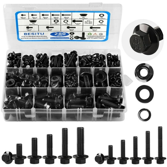 shiyou-280Pcs Metric Flange Bolt Assortment, M6x1.0, M8x1.25, M10x1.5 (12mm to 30mm) Assorted Hex Bolts and Nuts Washers Kit for Automotive, 10.9 Black Zinc Galvanized