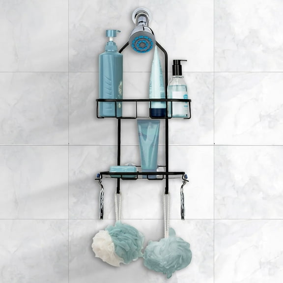 Utopia Alley Rustproof Aluminum Shower Caddy for Shower Heads - Hanging Shower Caddy Organizer with 2 Shelves & Hooks, Handheld Shower Head, Tall Bottle Rack - Matte Black Finish