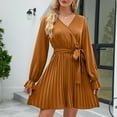 thumbnail image 2 of SWSMCLT Women's Long Sleeve Dress Chiffon V Neck Wrap Tie Waist Party Dresses Casual Short Ruched Pleated Golden XX-Large, 2 of 4