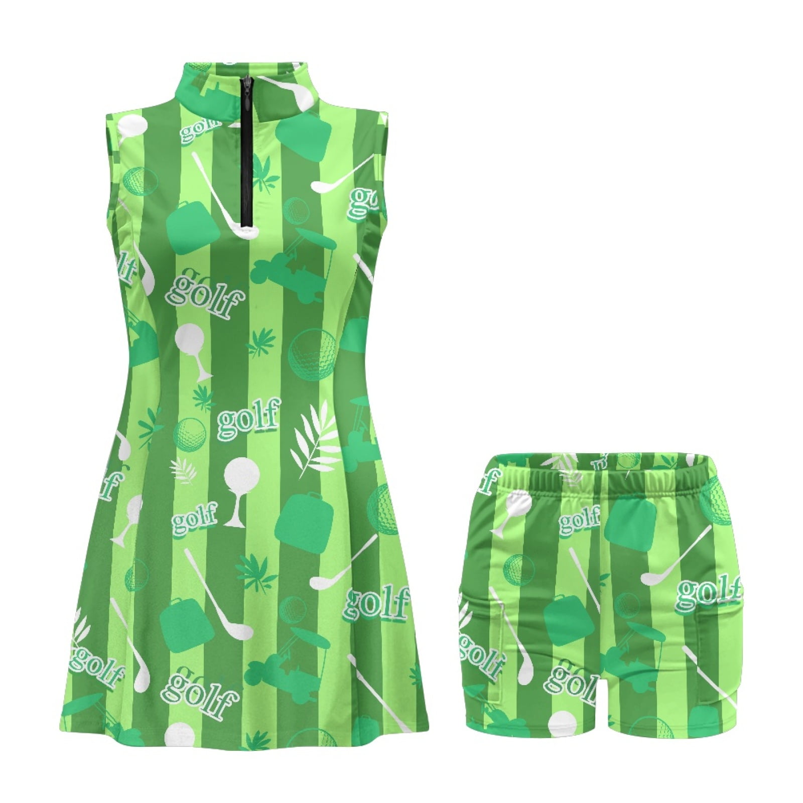 COEQINE Golf Ball Club Cart and Bag Green Stripes Print Tennis Dress for Women Sleeveless 2 Pieces Exercise Dresses with Built in Shorts and Pockets V-Neck Soft Golf Outfits, L