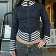 thumbnail image 2 of Women Y2k Casual Coat Long Sleeve Stand Collar Zipper Striped Jacket Cropped Cardigan Aesthetic Tops, 2 of 6