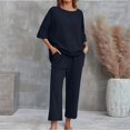 thumbnail image 2 of Outfmvch summer linen sets for women Casual Tracksuit Roll Sleeve Women's Lounge Sets Pants and Shirt Set for Women 2 Piece Sleepwear Linen 2 Piece Set for Women Lightweight Lounge Set Black L, 2 of 7