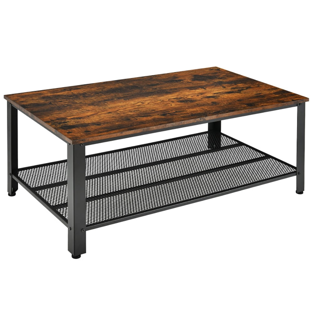 Finihen Wooden Coffee Table, Rectangular Coffee Table, Metal Frame Wood Coffee Table Console Table with Storage Shelf, for Living Room, Reception Room, Office, Rustic Brown