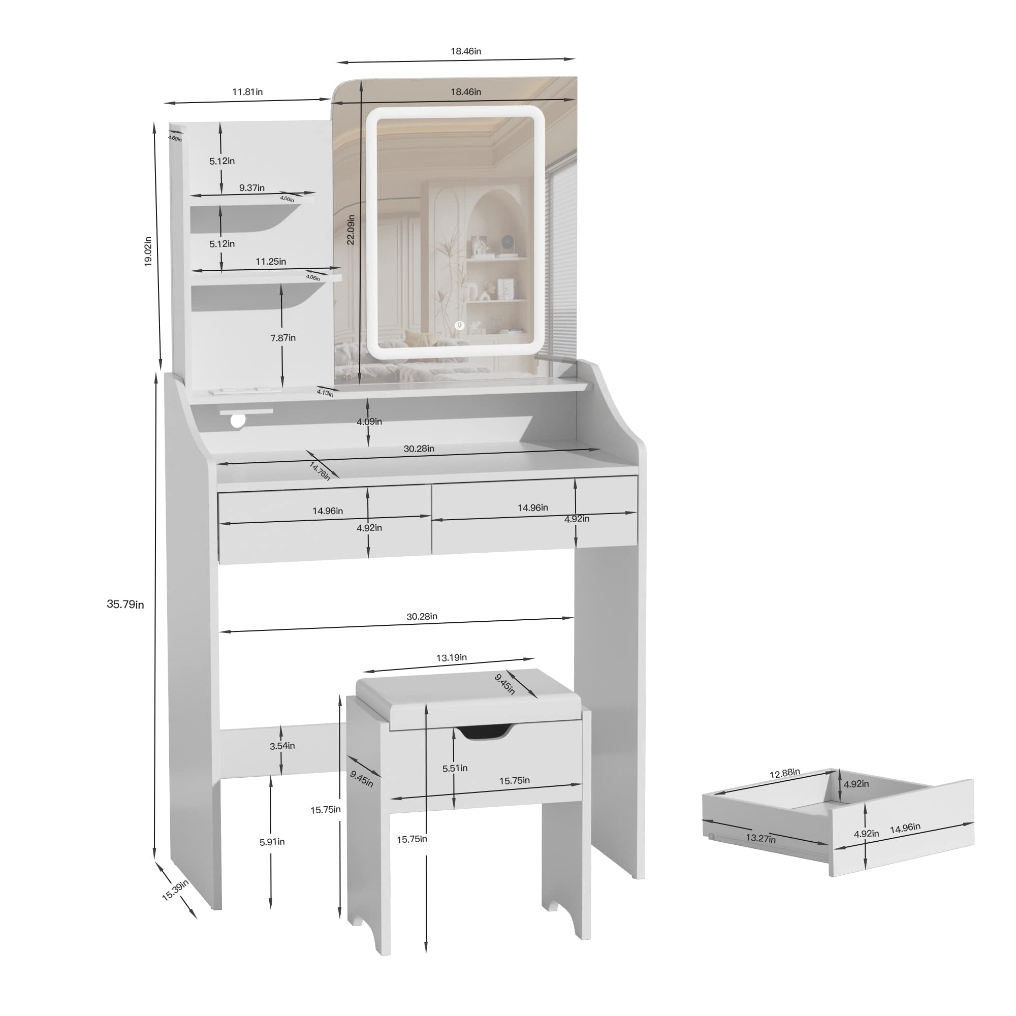 Veanerwood Makeup Vanity Set with Lights and Power Strip, Vanity Dressing Table with Drawers and Shelves, Bedroom, 31.5in, White