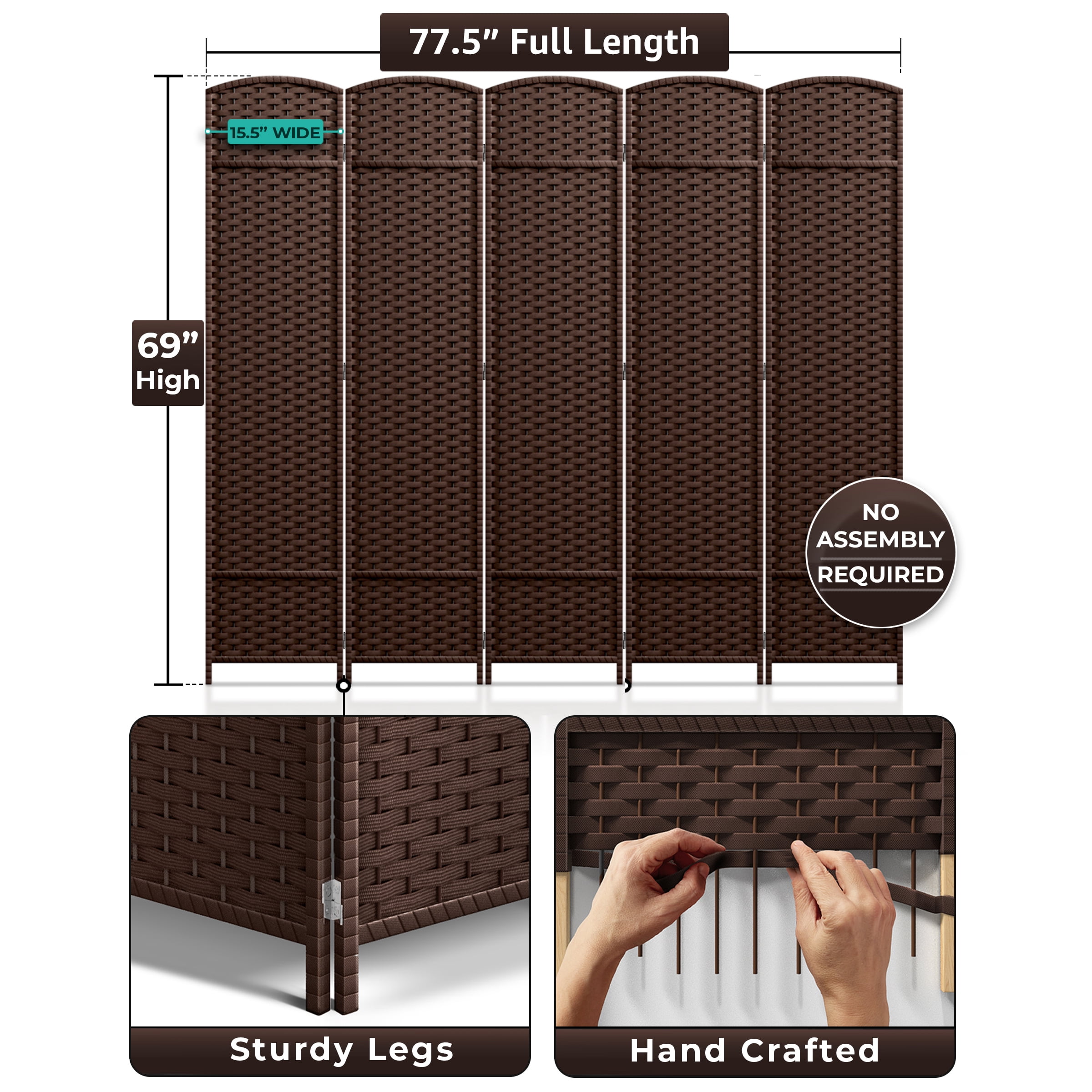 Sorbus 5-Panel Wide Folding Room Divider Privacy Screen, Hand-Woven Chocolate Mesh