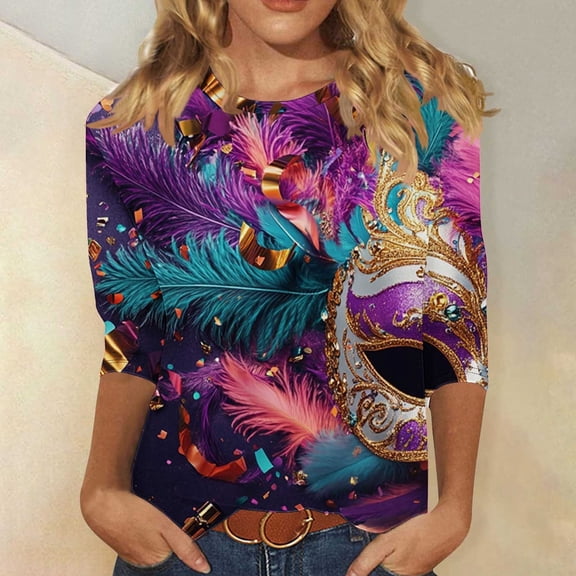 Fartey 3/4 Sleeve Tunic Tops for Women Plus Size Mardi Gras Crew Neck T-Shirts Carnival Party Shirt Cute Graphic Tshirts Fashion Festival Blouses Multicolor S-5XL