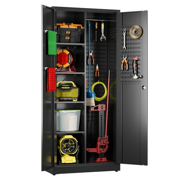 Aobabo 71.41''H Metal Garage Storage Cabinet with Lockable Doors and Hanging Rod,Broom Closet Storage Cabinet with Pegboard and Adjustable Shelves for Home Office School,Required Assembly,Black