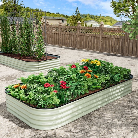 VEIKOUS Galvanized Raised Garden Bed, 8 x 4 x 1 FT Outdoor Modular Planter Box for Vegetables, Flowers, Herbs, Cream White