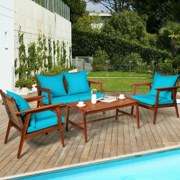 Gymax Fashion 8PCS Patio Conversation Set Wood Frame Furniture Set w/ Turquoise Cushions