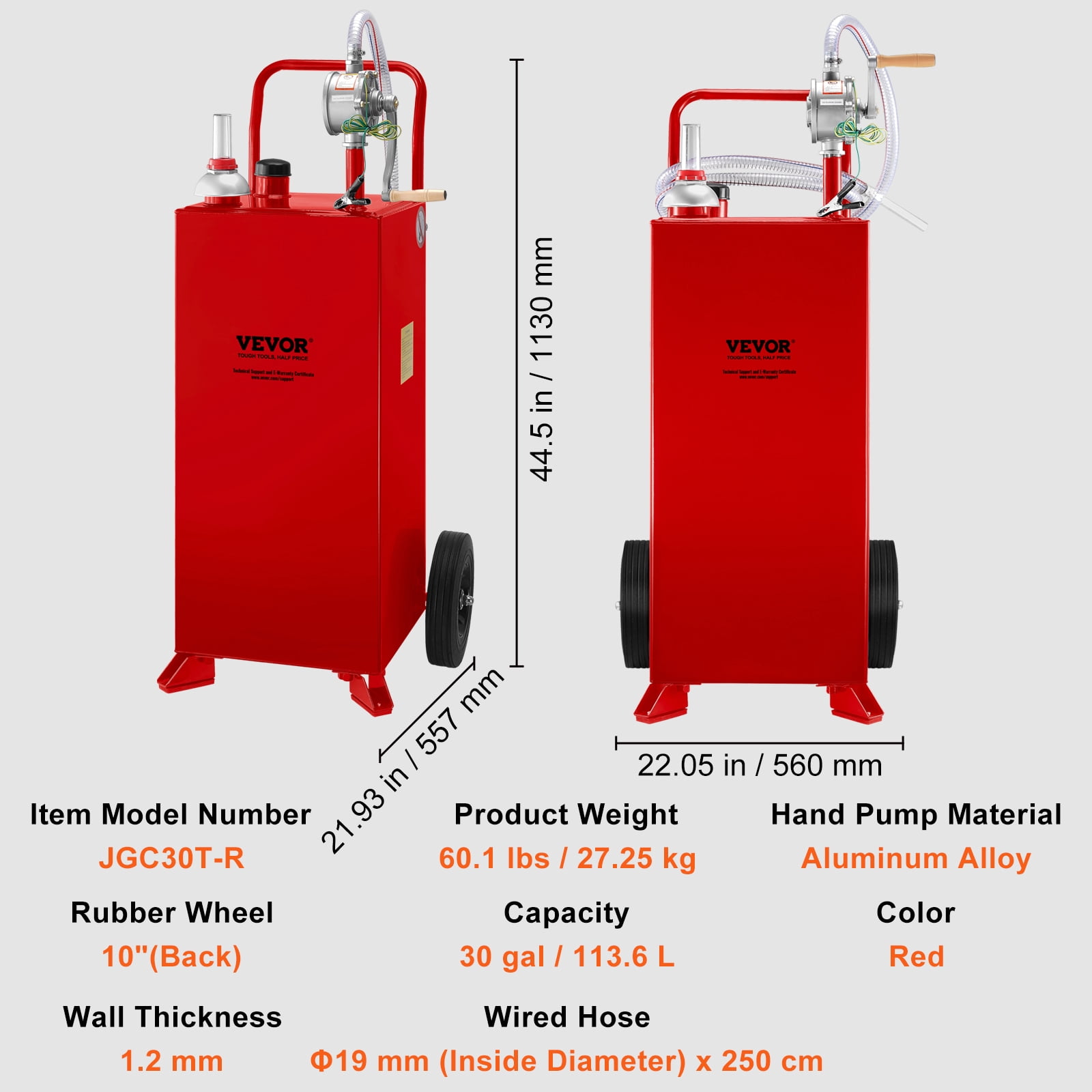 VEVOR 30 Gallon Fuel Caddy, Fuel Storage Tank on 2 Wheels, Portable Gas Caddy with Manuel Transfer Pump, Gasoline Diesel Fuel Container for Cars, Lawn Mowers, ATVs, Boats, More, Red