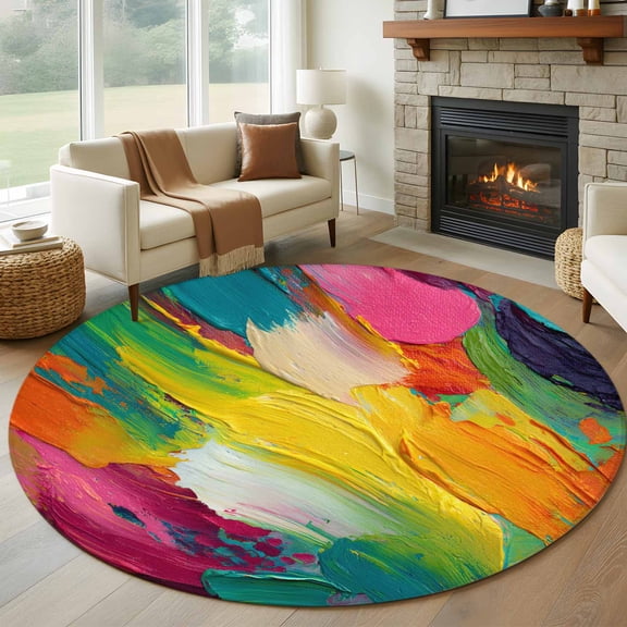 Round Area Rug 7 Ft, Colorful Pigment Washable Non-Slip Circle Carpet for Living Room/Bedroom, Abstract Color Block Oil Painting Low-Profile Large Runner Mat Collection Rugs for Indoor