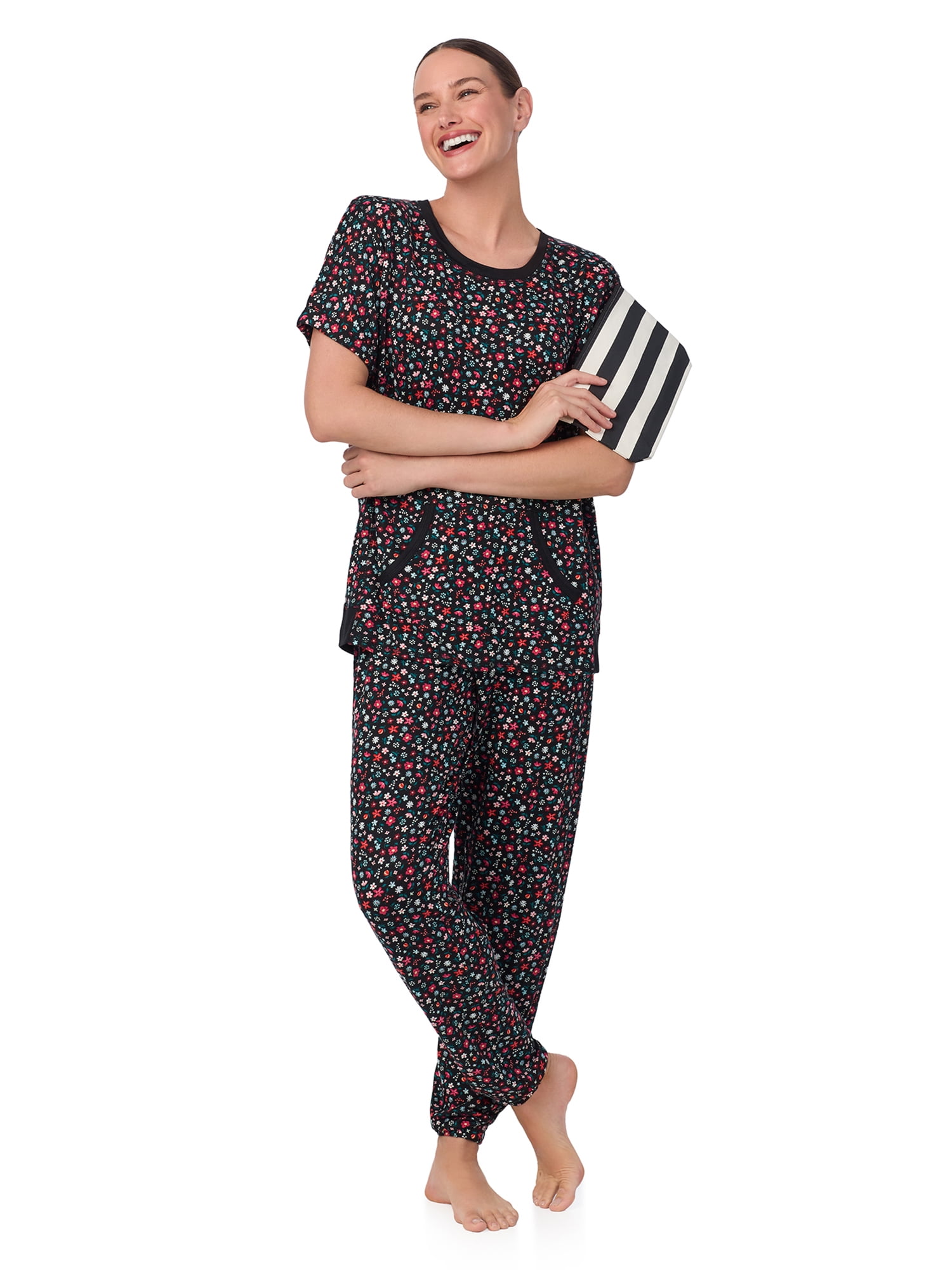 Secret Treasures Women's and Women's Plus Short Sleeve Top and Joggers with Makeup Bag, 3-Piece Knit PJ Set