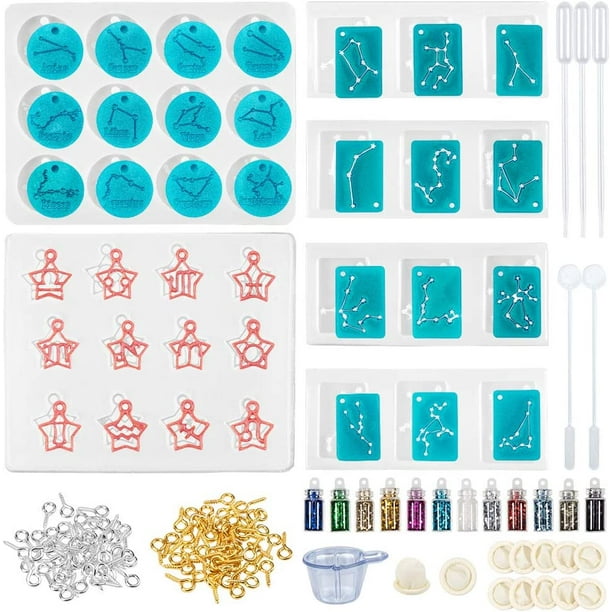 Kit de 36 moldes de silicona con los doce signos del zodíaco, colgantes de constelación, moldes de resina para fundición, tres estilos, con lentejuelas y herramientas.