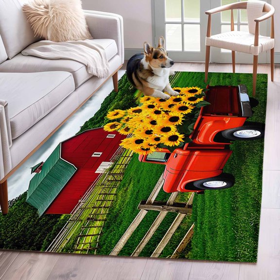 Rectangle Rug 4x6ft Area Rug, Farm Sunflower on Red Truck Area Rugs for Living Room Bedroom, Watercolor Barn Field Floor Mat Non-Slip Non-Shedding Carpet Indoor Accent Rugs