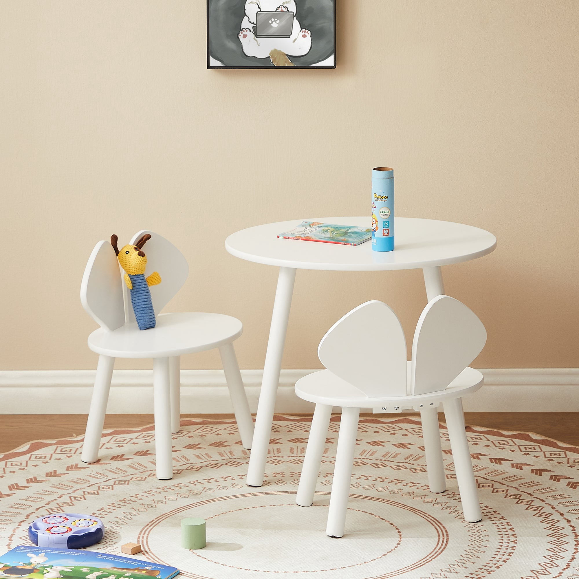 VECELO Kids Table and 2 Chairs Set, Toddler Wooden Activity Table and Chair Set for Ages 3-8, 23.6" L x 23.6" W Children Craft and Play Table Drawing Reading, White