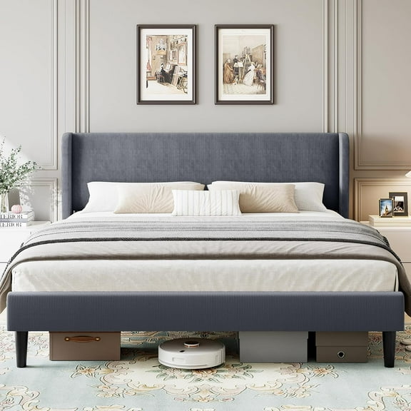 Full Size Bed Frame with Wingback Headboard,Luxurious Velvet Upholstered Platform Bed Frame with Wooden Slat Support,No Box Spring Required,Easy Assembly,Dark Gray