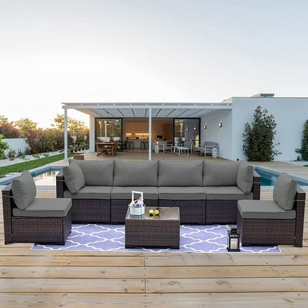 Gotland Patio Furniture Set 7 Pieces Outdoor Sectional Rattan Sofa Set Brown Manual Wicker Patio Conversation Set with Grey Cushions 1 Tempered Glass Tea Table