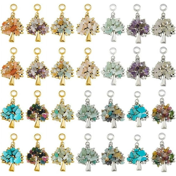 28Pcs 14 Styles Tree of Life Pendants Chakra Gemstone Charms European Dangle Charms Quartz Crystal Gemstone Charms Lucky Charms for Jewelry Making DIY