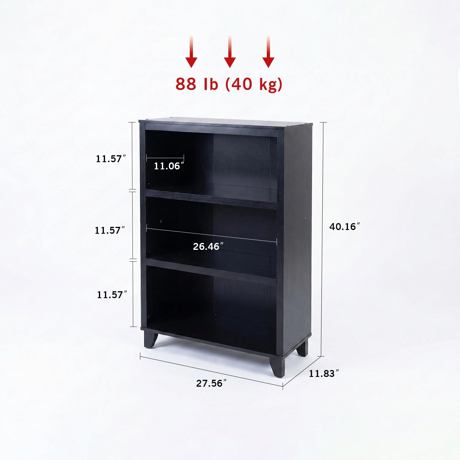 3-Tier Bookcase with Adjustable Shelves，27.56"W x 11.83"D x 40.16"H Floor Standing Open Bookshelf with Wood Legs for Home Office, Living Room, and Bedroom Storage,Black