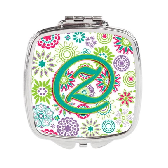 Carolines Treasures  Letter Z Flowers Pink Teal Green Initial Compact Mirror