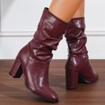 thumbnail image 3 of Pandaie Women's Mid Calf Chunky Heel Short Boots Party Daily Work Fashion Classic PU Slouchy Booties Fall Walking Shoes Wine 8.5, 3 of 5