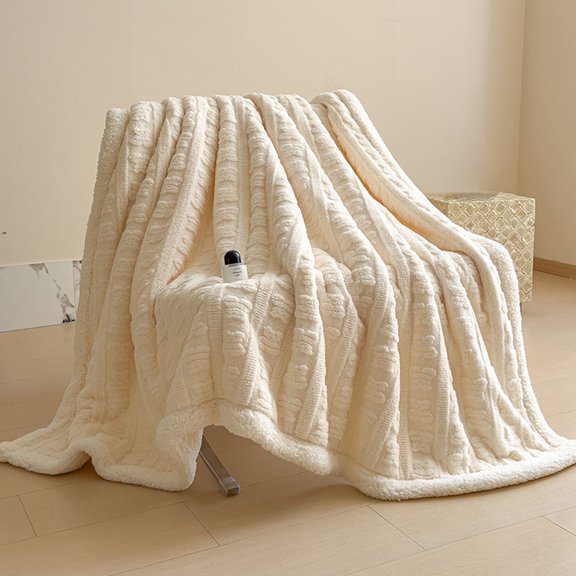 Cozy Fleece Nap Blanket - Thick Warm Microfiber Throw, Soft Ribbed Couch Bed Blanket for All-Season Daily Use, White, 59.05"x78.74"