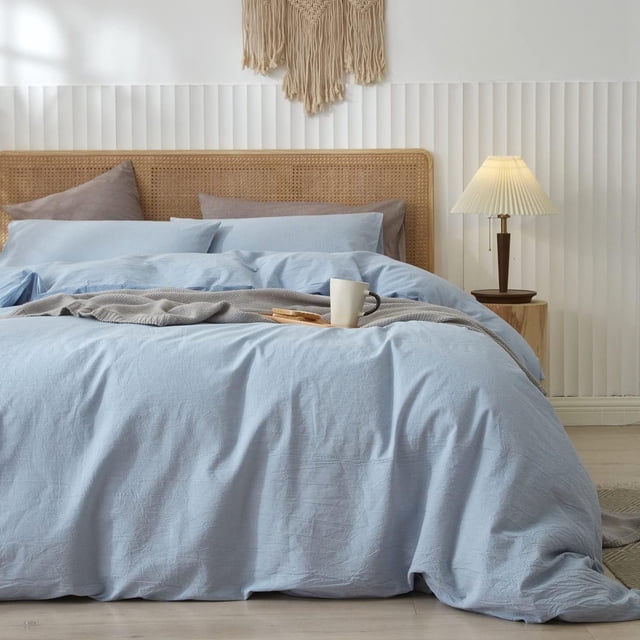 Washed Cotton Duvet Cover Set Linen Feel Natural Wrinkle Lightweight Comfy (King Linen)
