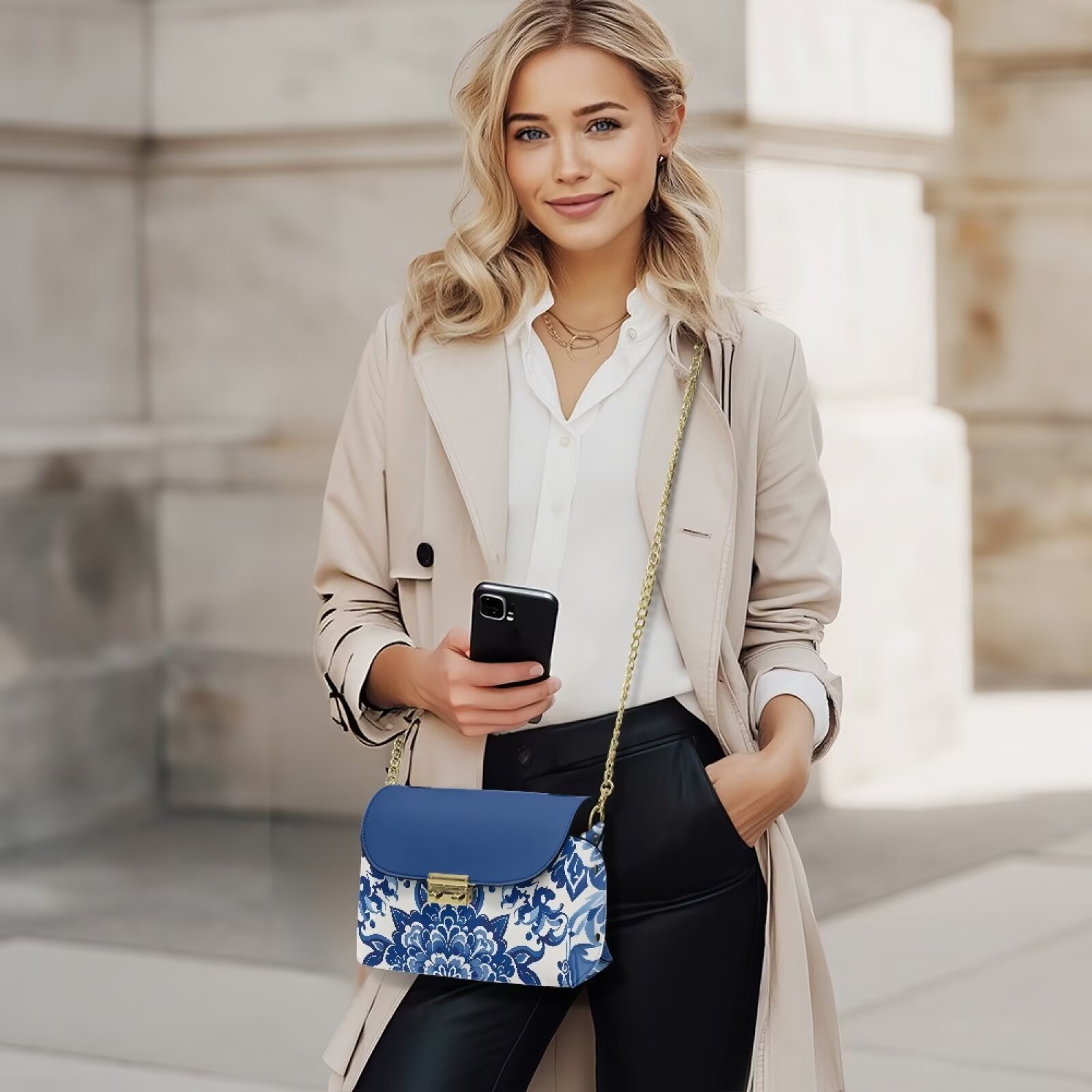 Pzuqiu Blue Mandala Leather Crossbody Bags for Women Trendy Soft Leather Quilted Shoulder Bag with Chain Strap Exquisite Practical Quilted Crossbody Purse for Women