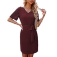 thumbnail image 1 of Vestido cruzado con nudo en la cintura, vestido informal de verano con manga corta y cuello en V para uso diario, vacaciones, playa, rojo vino S, 1 of 5