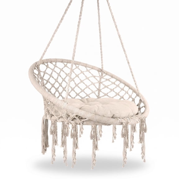 Bohemian Decor Hammock Chair, 330 lbs Beige Woven Swing, Tassel Designed Hanging Chair for Home Living Room and Lounge Space