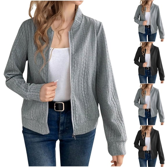 XPMWRP Women's Zip Up Textured Jacket Bomber Jackets Long Sleeve Stand Collar Coat Casual Streetwear Trendy Fall Clothes Black M