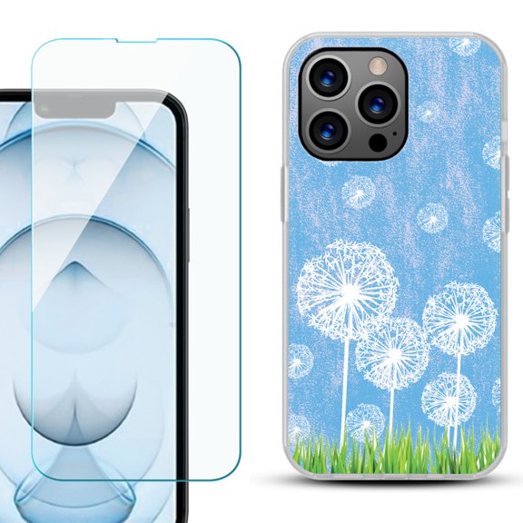 Slim-Fit Gel TPU Phone Case for iPhone 13 Pro Max, with Tempered Glass Screen Protector, by OneToughShield ® - Dandelion Sky