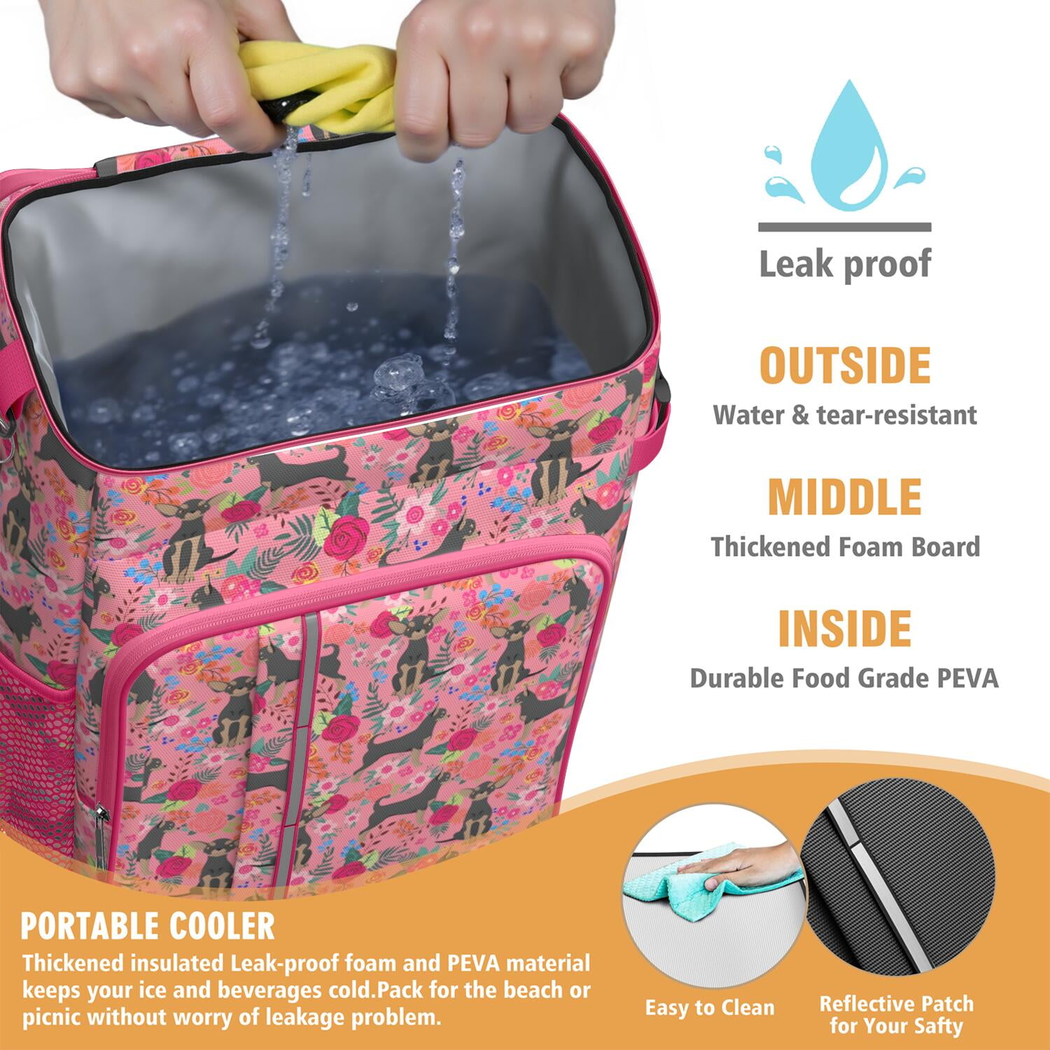 Travel Cooler Bag - Chihuahua and Flower Florals Camping Beer Cooler Backpack with Bottle Opener- Waterproof Insulated Picnic Backpacks - Cooler Bag for Beach