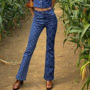 Aellinatey Women High Waist Straight Jeans Pants Asymmetrical Plaid Floral Denim Trousers