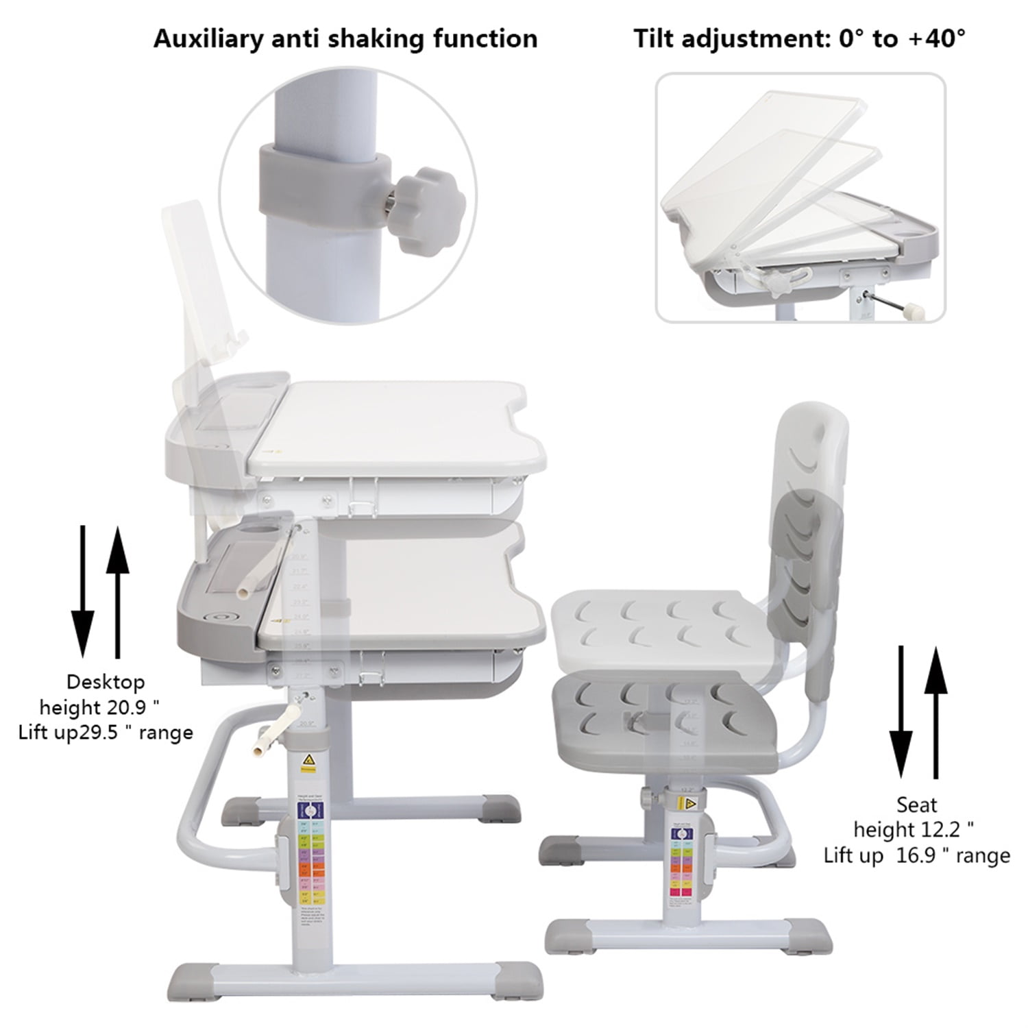 Lowestbest Kids Desk and Chair Set with Hand-Operated Lifting Table Top, Height Adjustable Children's Study Table With Reading Frame, Gray Lowestbest Kids Desk and Chair Set with Hand-Operated Lifting Table Top, Height Adjustable Children's Study Table With Reading Frame, Gray