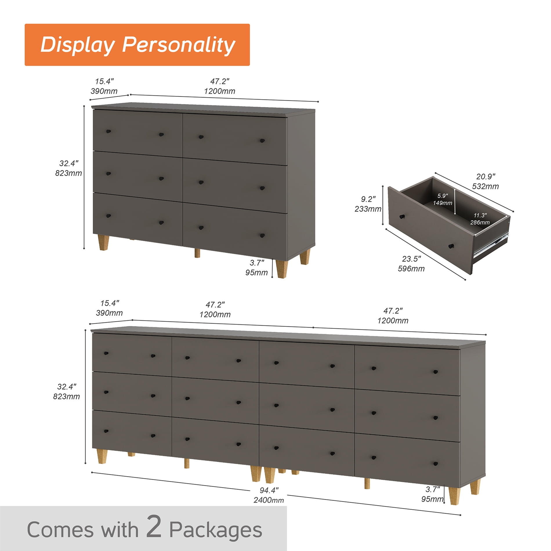 12 Drawers Dresser for Bedroom, 2-in-1 Modern Wooden Chest of Drawers, 94" Wide, Dark Gray Finish